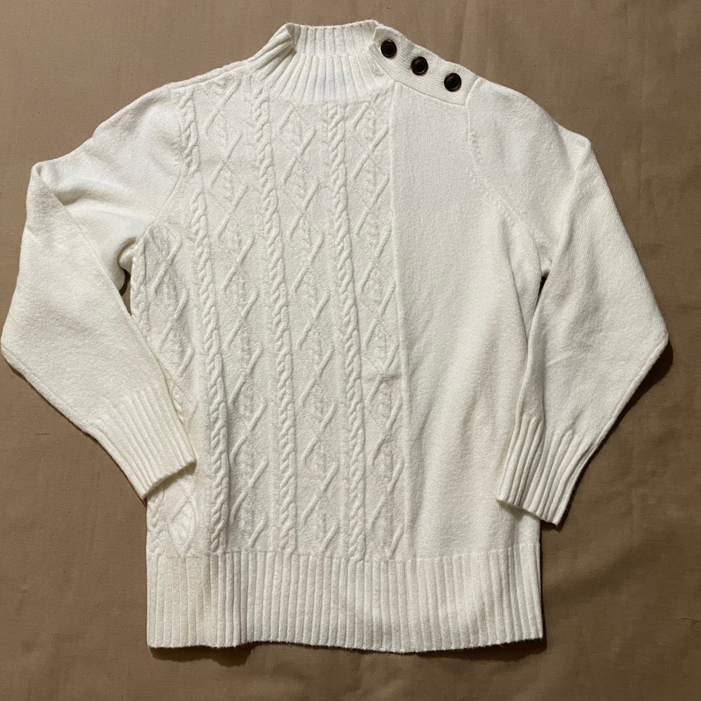 J Jason Wu Mock Neck Mixed Cable Knit Sweater 1X White Nautical Quiet Luxury